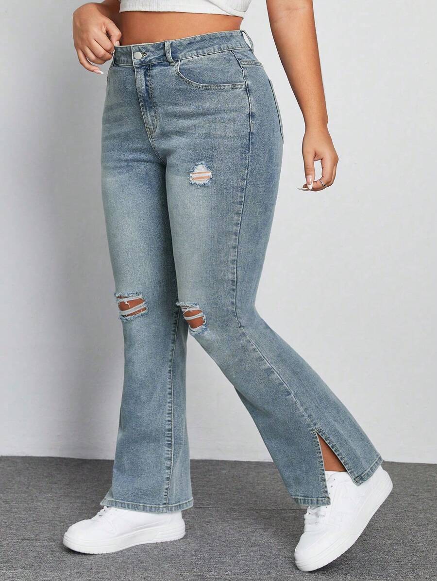 Jean bleu azur évasé déchiré référence 186 – vue principale